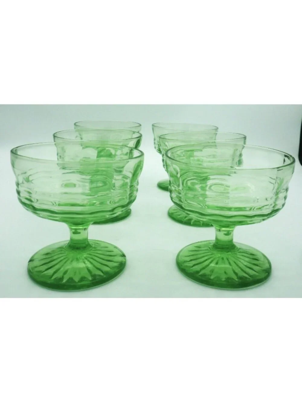 Vintage Uranium Glass Ribbed Banded Footed Sherbet Cups Set of 6